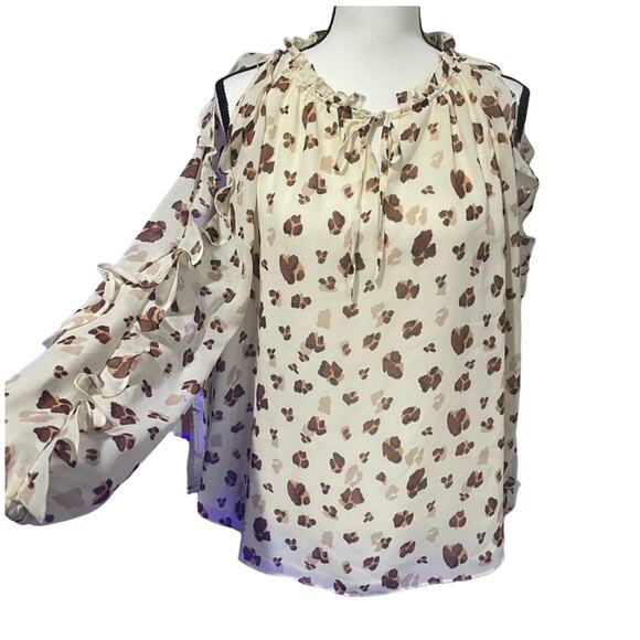 1 State Animal Print Blouse Top Ruffle Sz L Sleeve Cold Shoulder - Picture 10 of 10